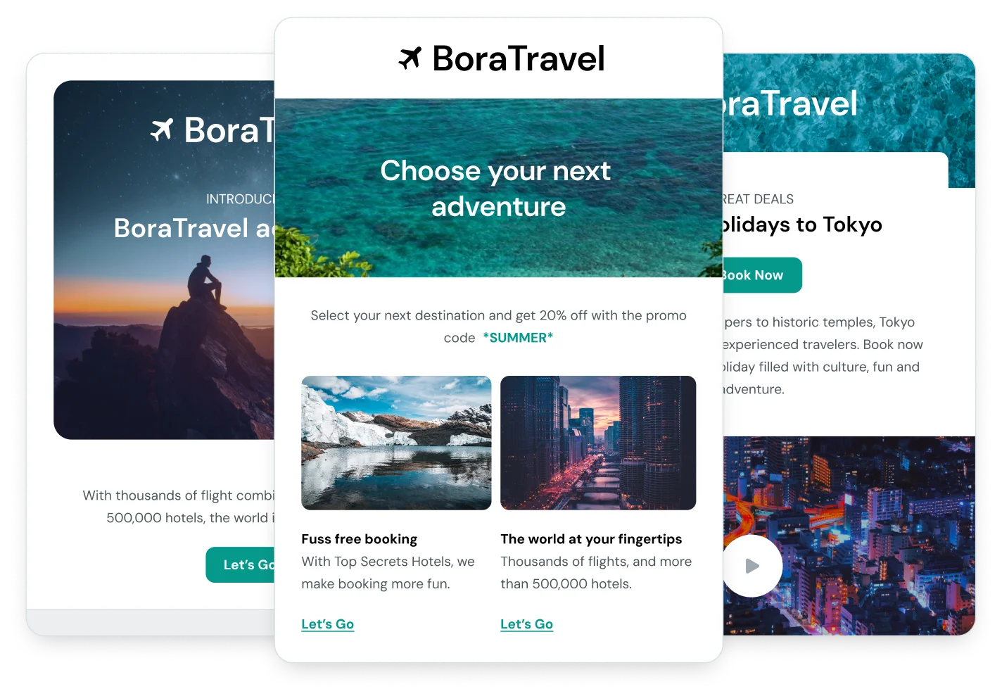 Various email templates showing how Mailjet is a powerful email builder.