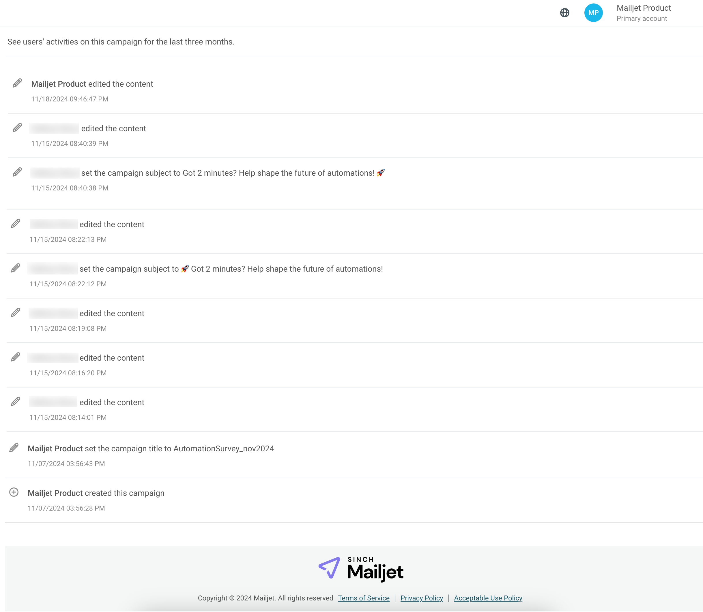 A screengrab of the activity logs feature in Sinch Mailjet’s platform