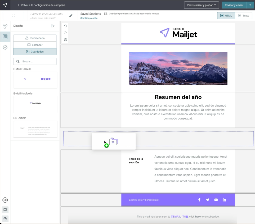 Captura de pantalla del Editor de Mailjet con el uso de secciones guardadas y bloqs.