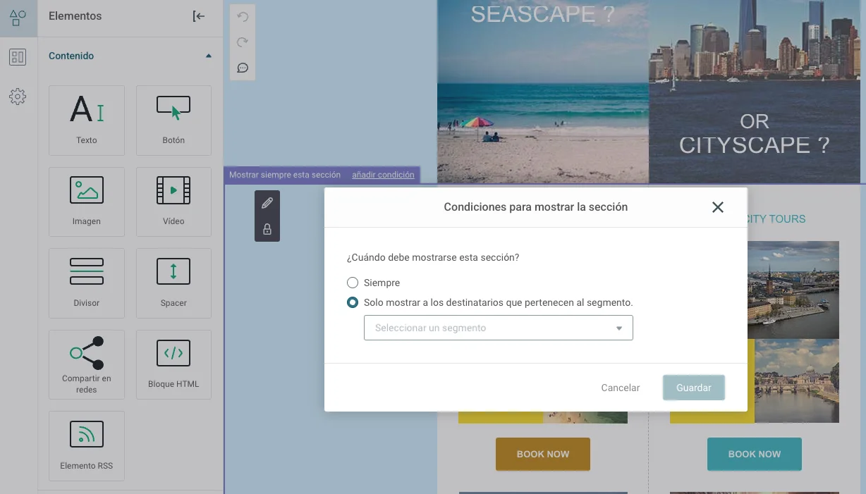 Captura de pantalla que muestra el menú con condiciones para mostrar una determinada sección en Mailjet.