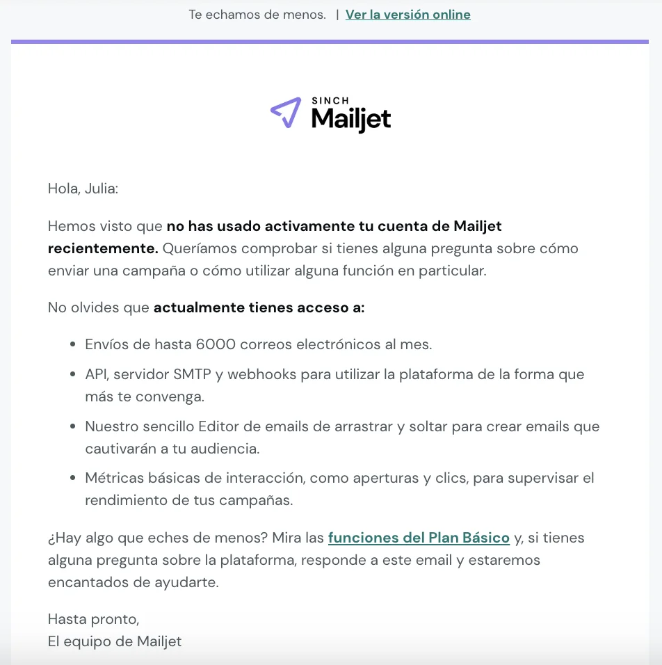 Email de reactivación de Sinch Mailjet.