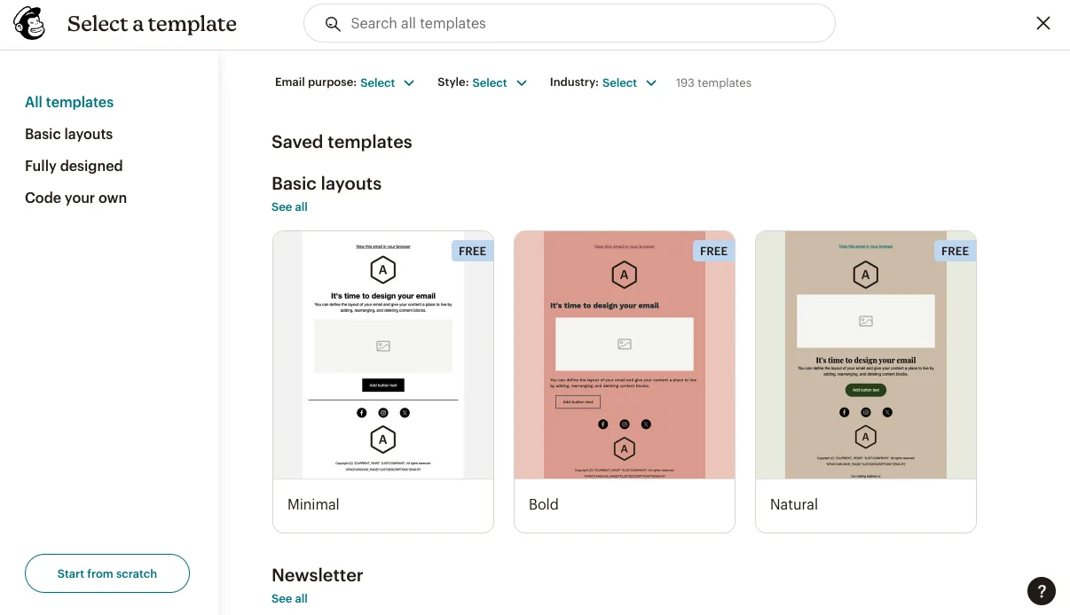 Screenshot of the template gallery for Mailchimp