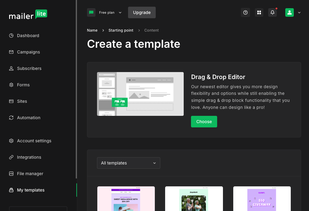 Capture d’écran de l’interface de création d’emails de MailerLite