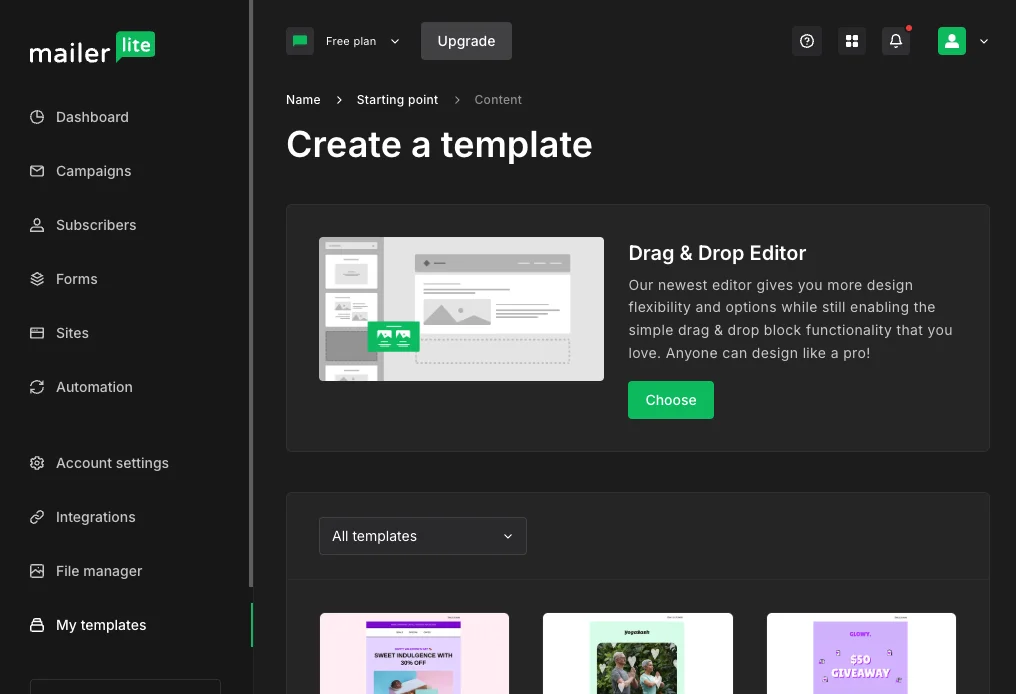 Screenshot of the template gallery for MailerLite