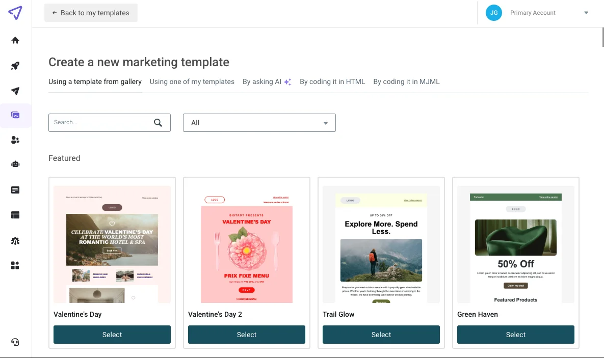 Screenshot of the template gallery for Mailjet