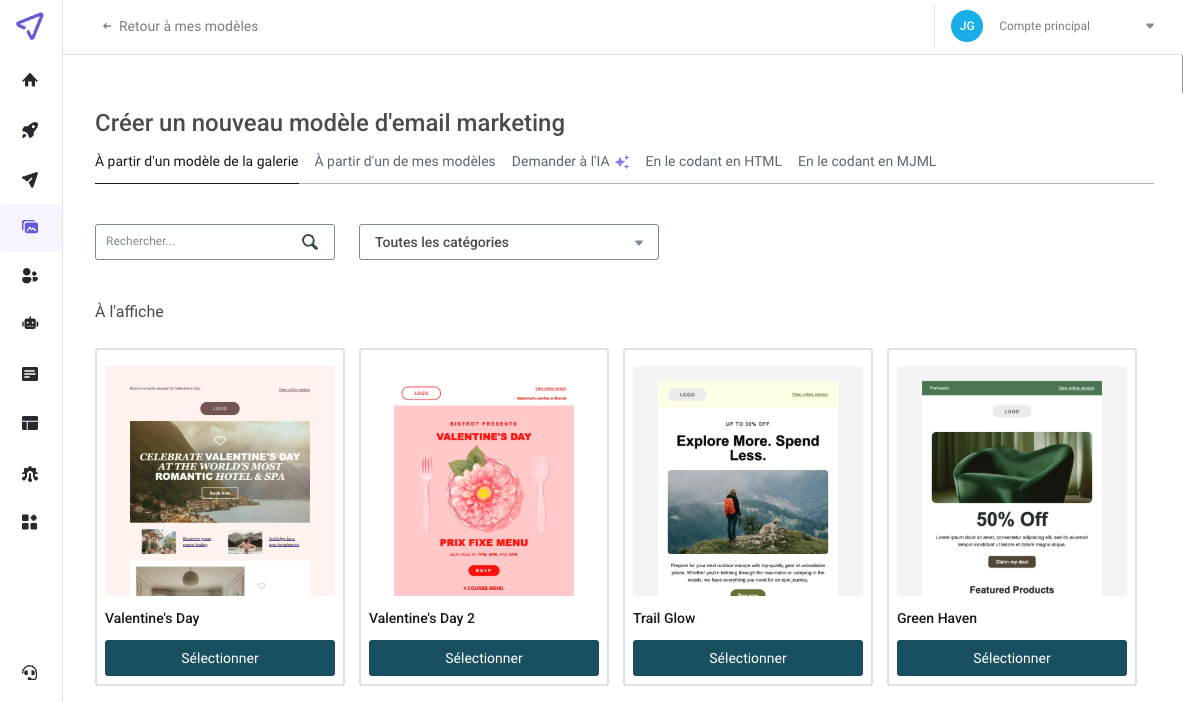Capture d’écran d la page de sélection des modèles de Mailjet