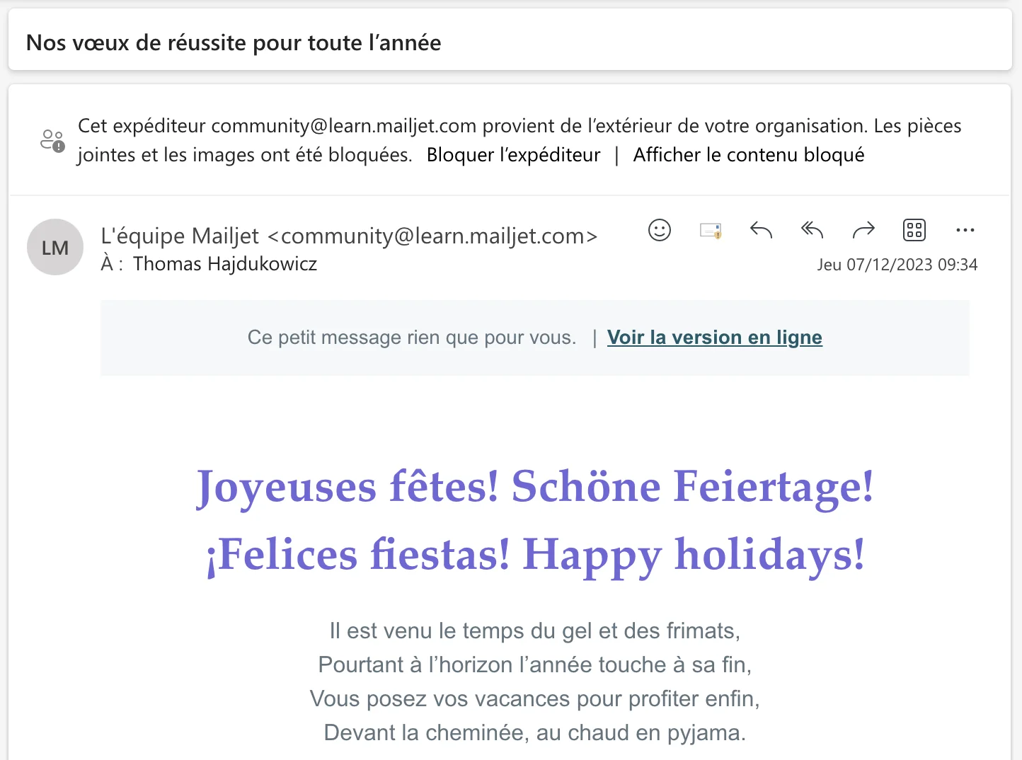 Capture d’écran de l’email envoyé par Mailjet pour souhaiter de joyeuses fêtes à ses abonnés