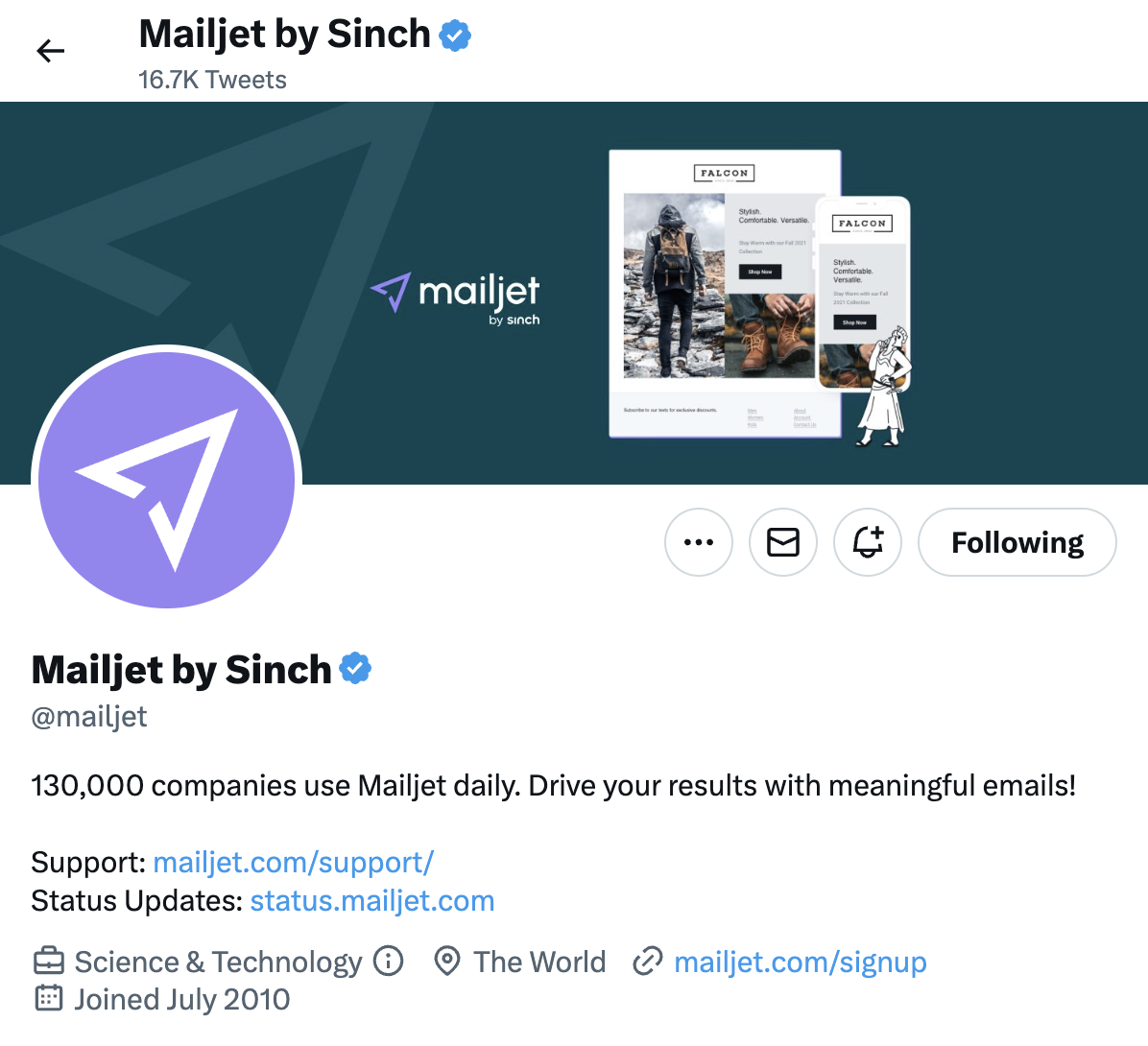 Mailjet’s Twitter bio