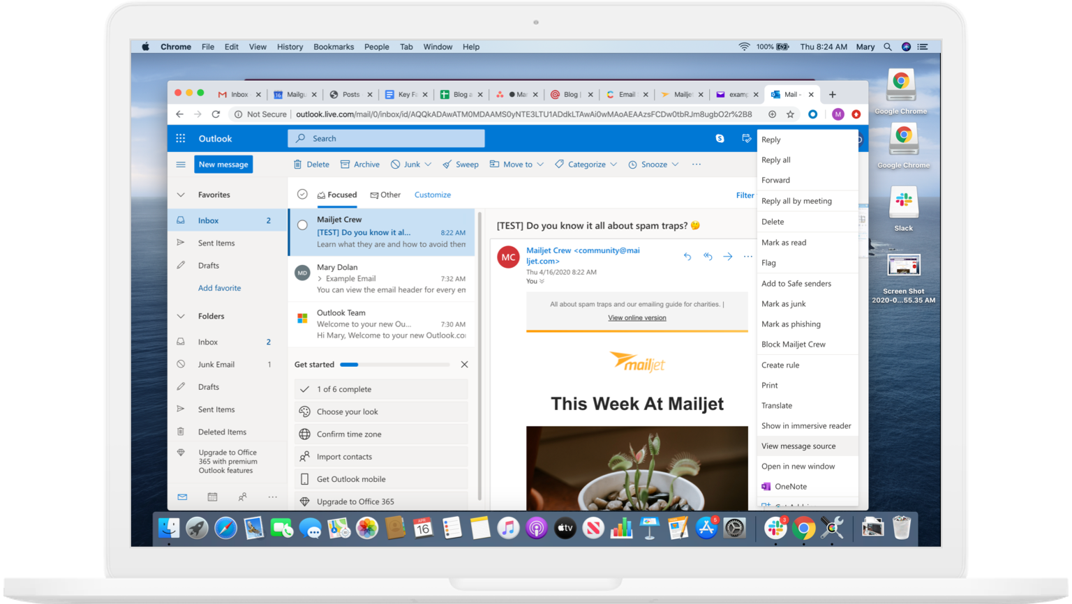 Show email header on Microsoft Outlook website