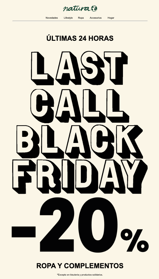 Email de Natura como recordatorio de las ofertas de Black Friday en las últimas horas de la campaña.