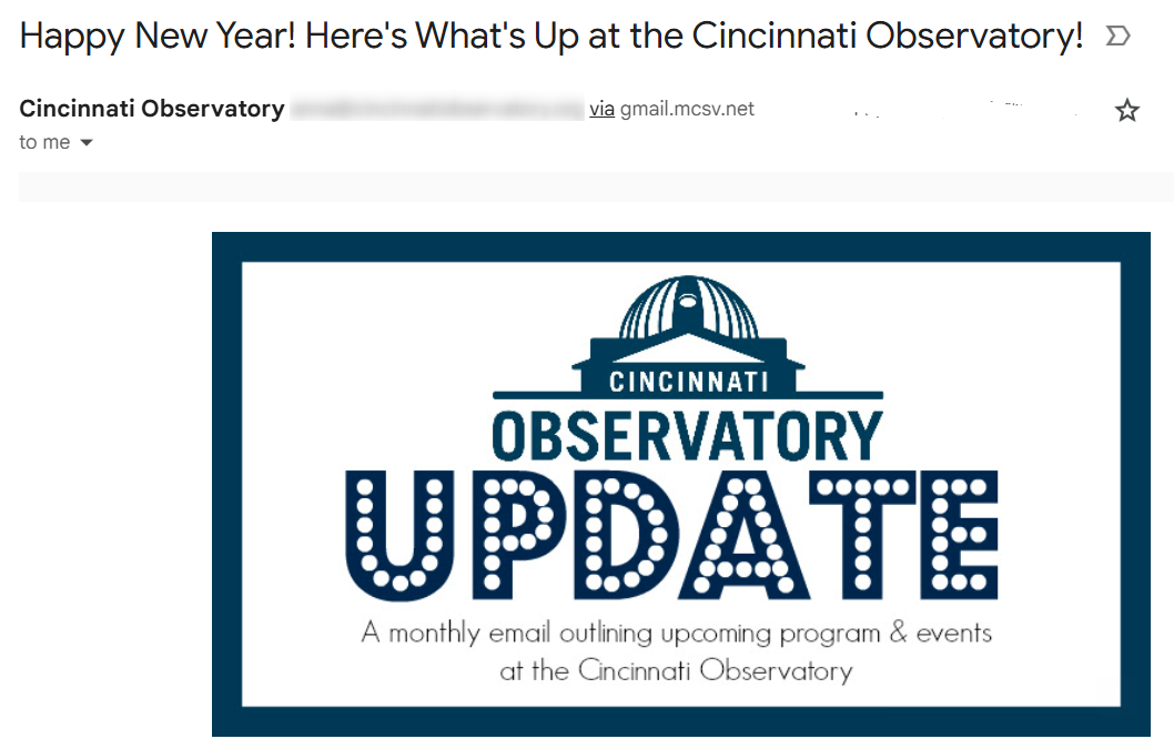 Neujahrsgrüße Newsletter Cincinnati Observatory