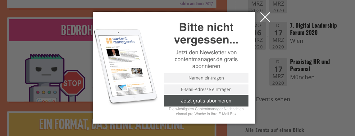 Beispiel eines Newletter-Anmelde Pop-up Fensters 