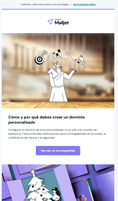 Plantilla de email en español que muestra un dibujo de un dios griego haciendo cálculos y una diosa griega decorando un árbol de Navidad.