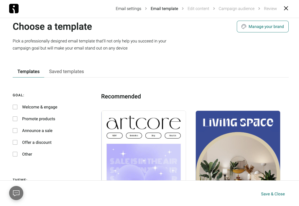Capture d’écran de l’interface de sélection de modèle d’email dans Omnisend.