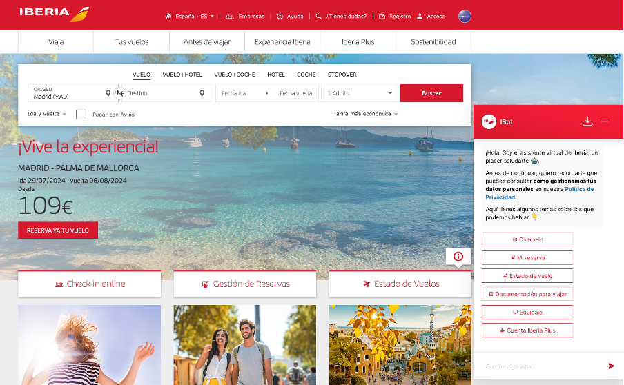 Página de inicio de la aerolínea española Iberia. La imagen muestra el formulario de búsqueda de vuelos y el chatbot de la empresa.