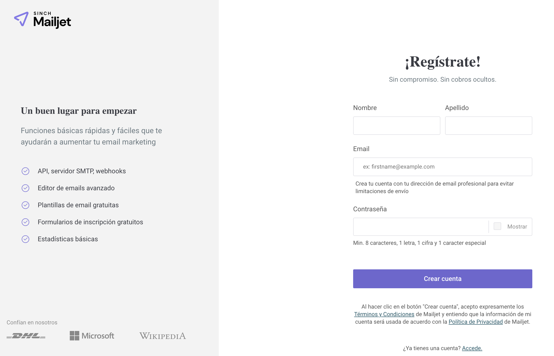 Ejemplo de página de destino para captar suscriptores nuevos de Sinch Mailjet.