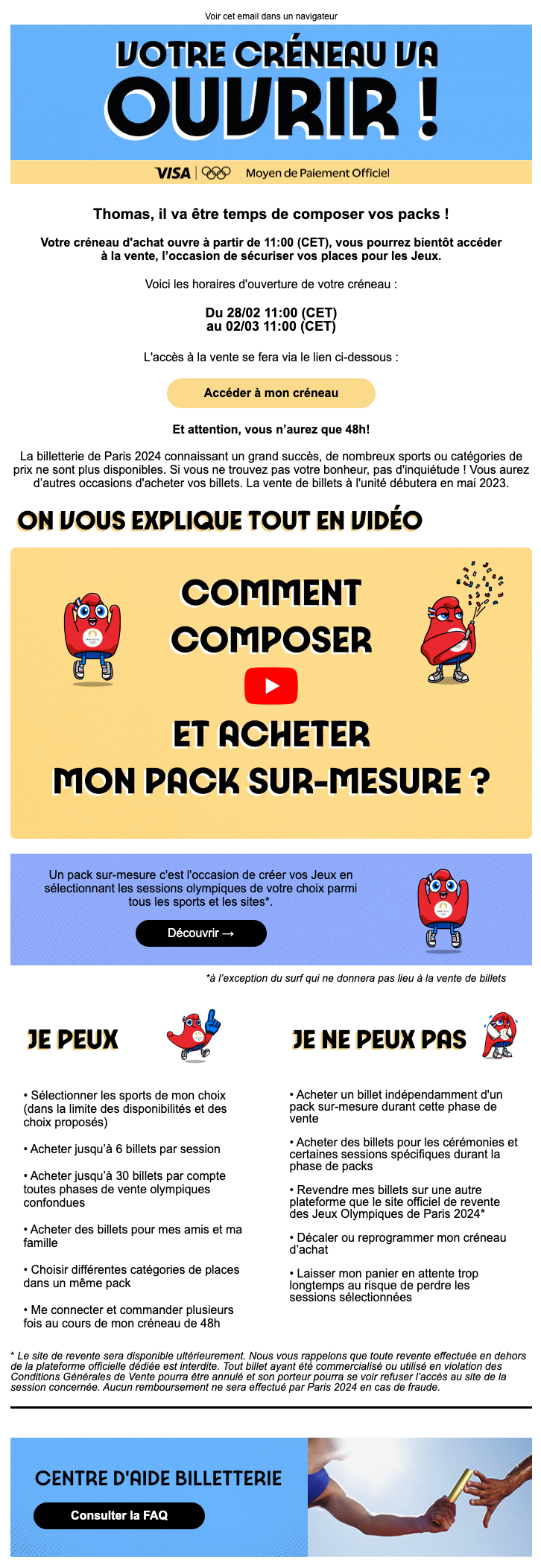 Capture d'écran d'un email nurturing des Jeux Olympiques de Paris 2024