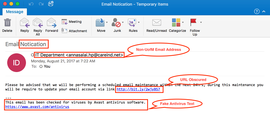 Captura de pantalla de un email y marcas que indican cuáles son las señales del intento de phishing.