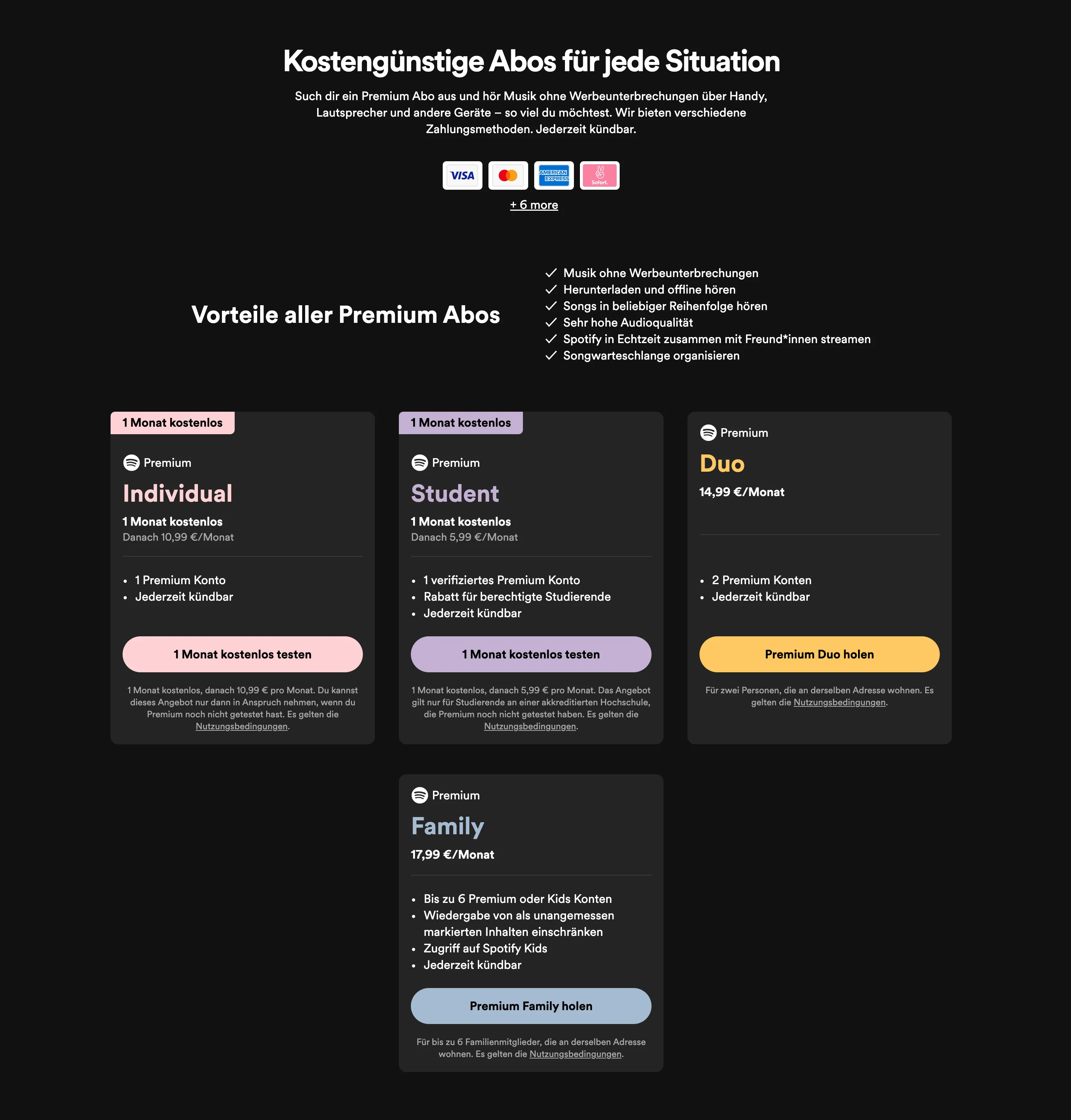 Beispiel einer Preisseite von Spotify