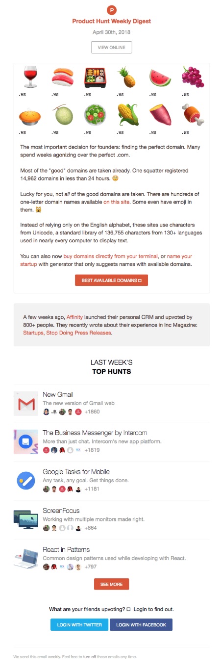 Product Hunt email newsletter example