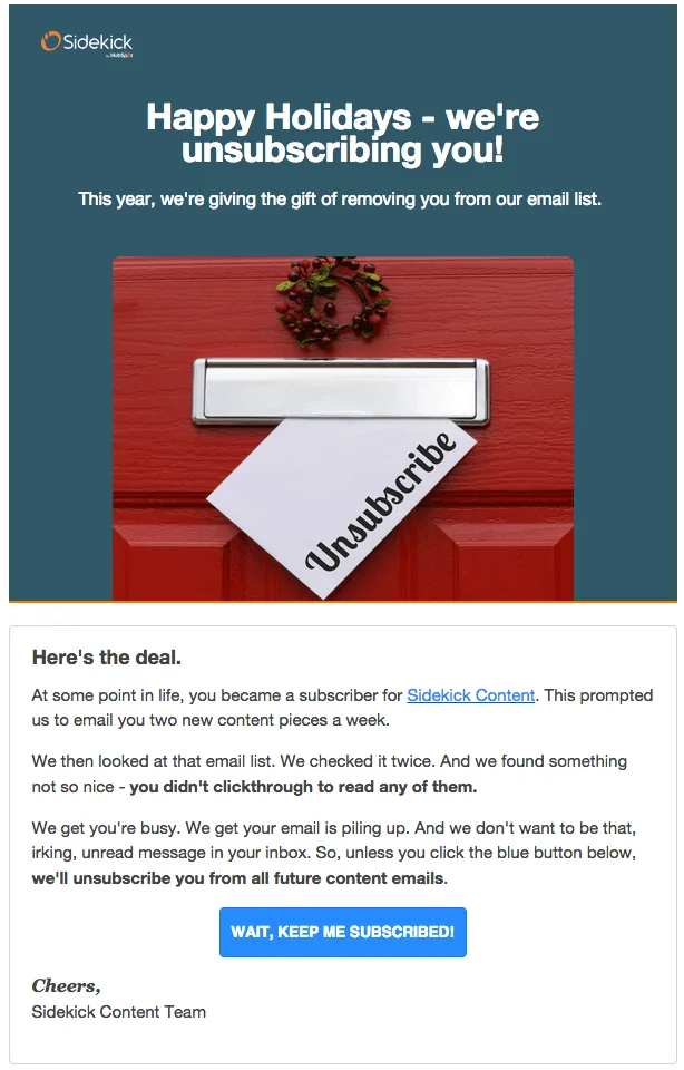 “We’re unsubscribing you” email from Sidekick.