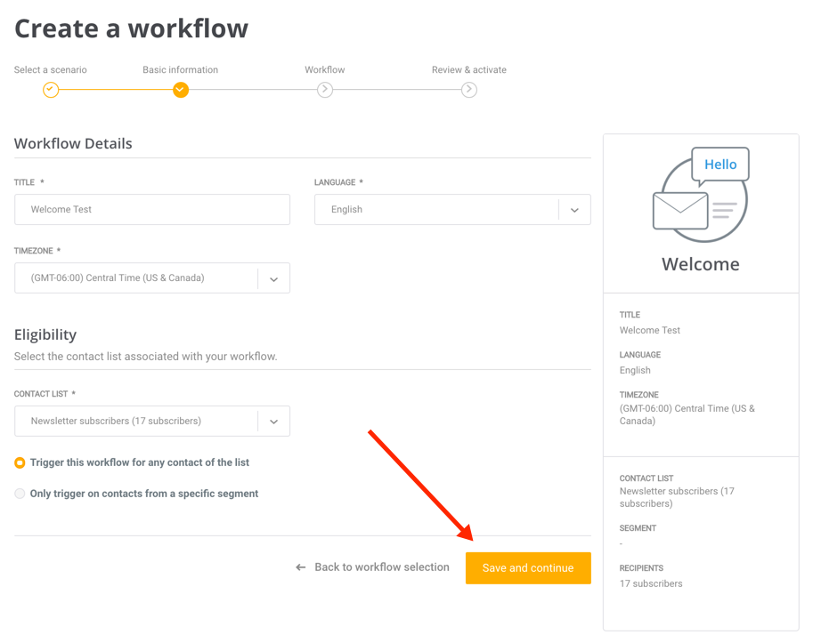 Mailjet's create a workflow dashboard
