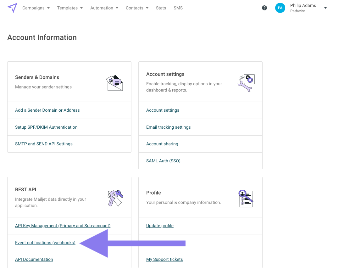 Mailjet account information page