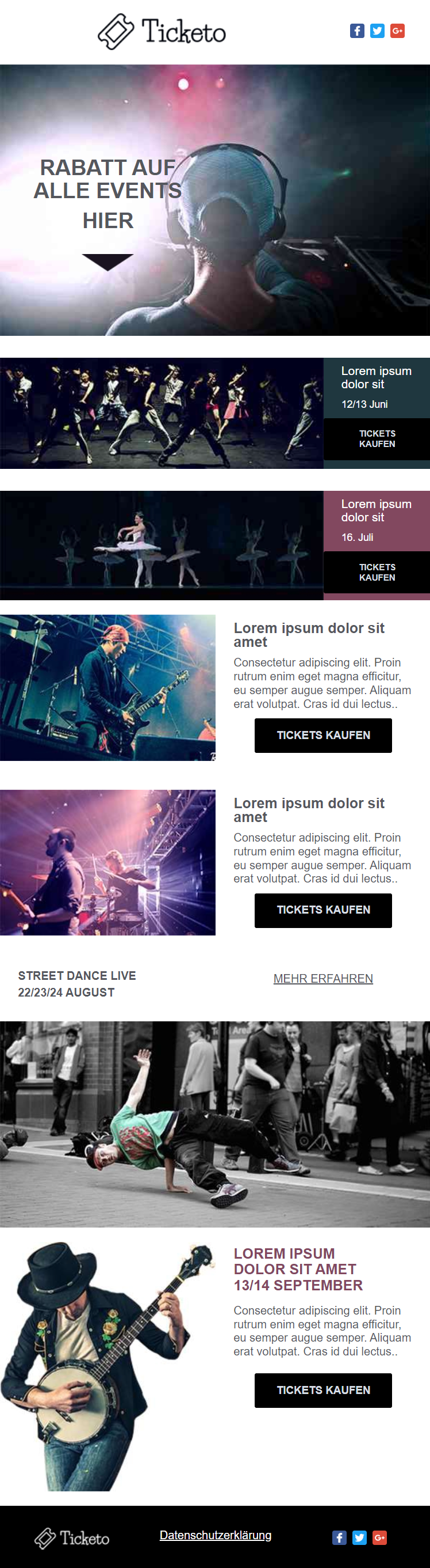 Bild, welches die Vorlage “Ticketo” von Mailjet zeigt.