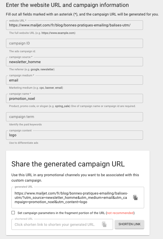 Capture d’écran de l’outil de création d’URL de Google