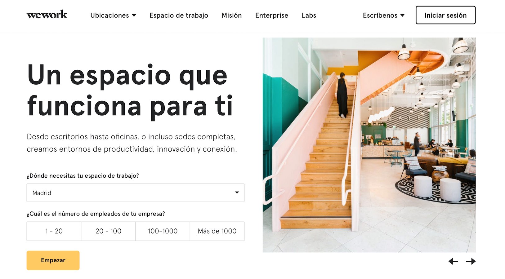 Ejemplo de página de destino para B2B con un diseño cuidado de Wework.