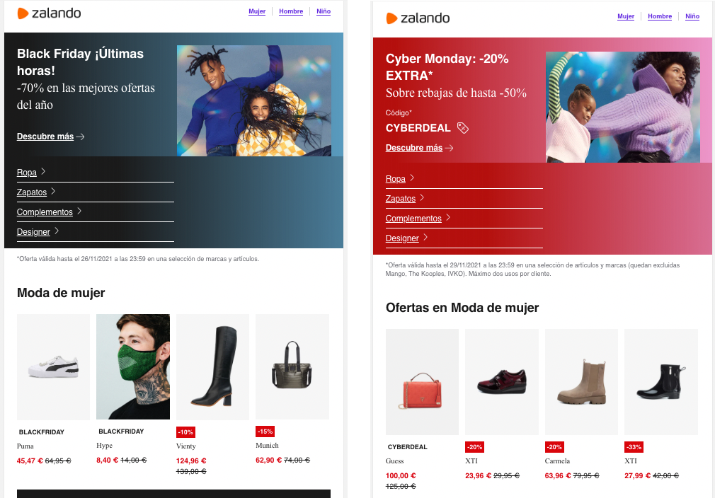Capturas de pantalla de los emails de Black Friday y Cyber Monday de Zalando.