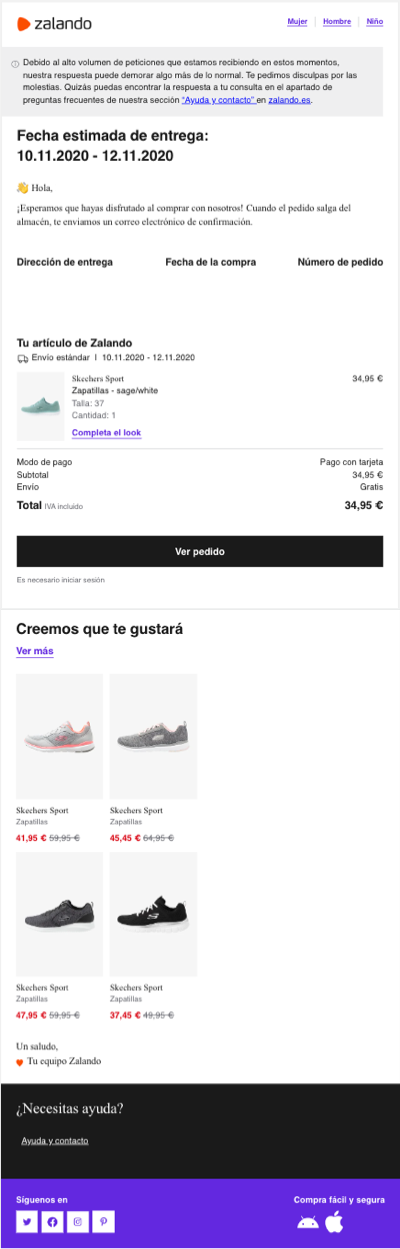 Email de confirmación de pedido de Zalando que muestra más productos relacionados.