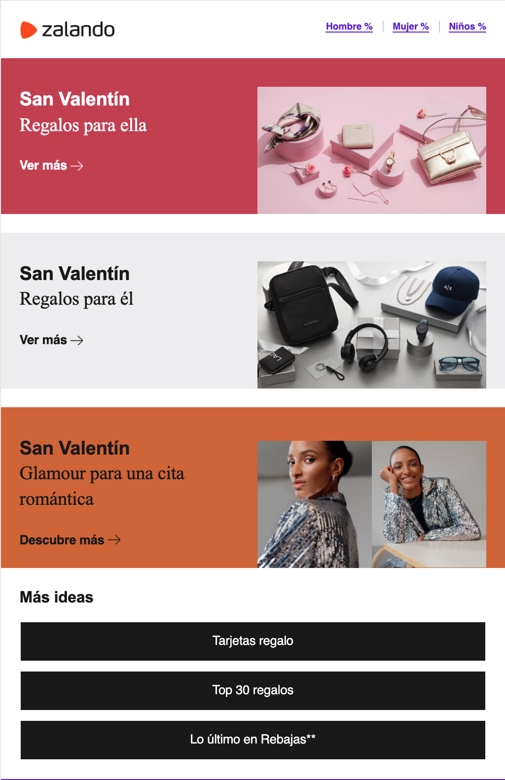 Newsletter con ideas de regalos para él y para ella de Zalando.
