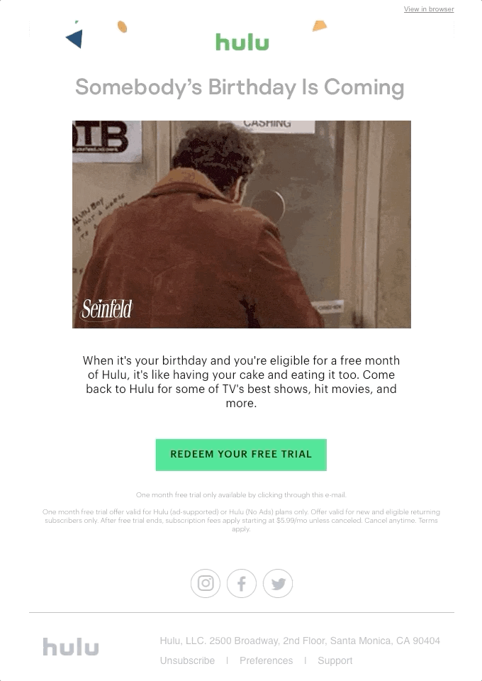 Birthday email from Hulu
