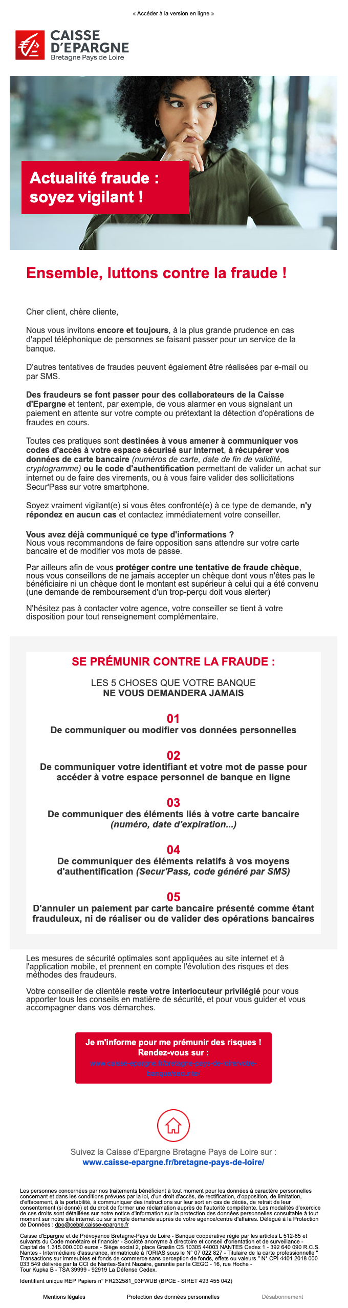 Un exemple d'email envoyé par la Caisse d’Epargne pour avertir ses clients des risques de phishing.