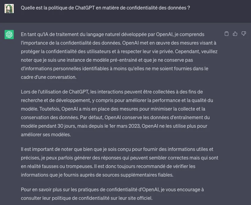 Message de ChatGPT: “OpenAI met en œuvre des mesures visant à protéger la confidentialité des utilisateurs. Notez que je ne conserve pas d’informations personnelles à moins qu’elles ne soient fournies dans le cadre d’une conversation.”
