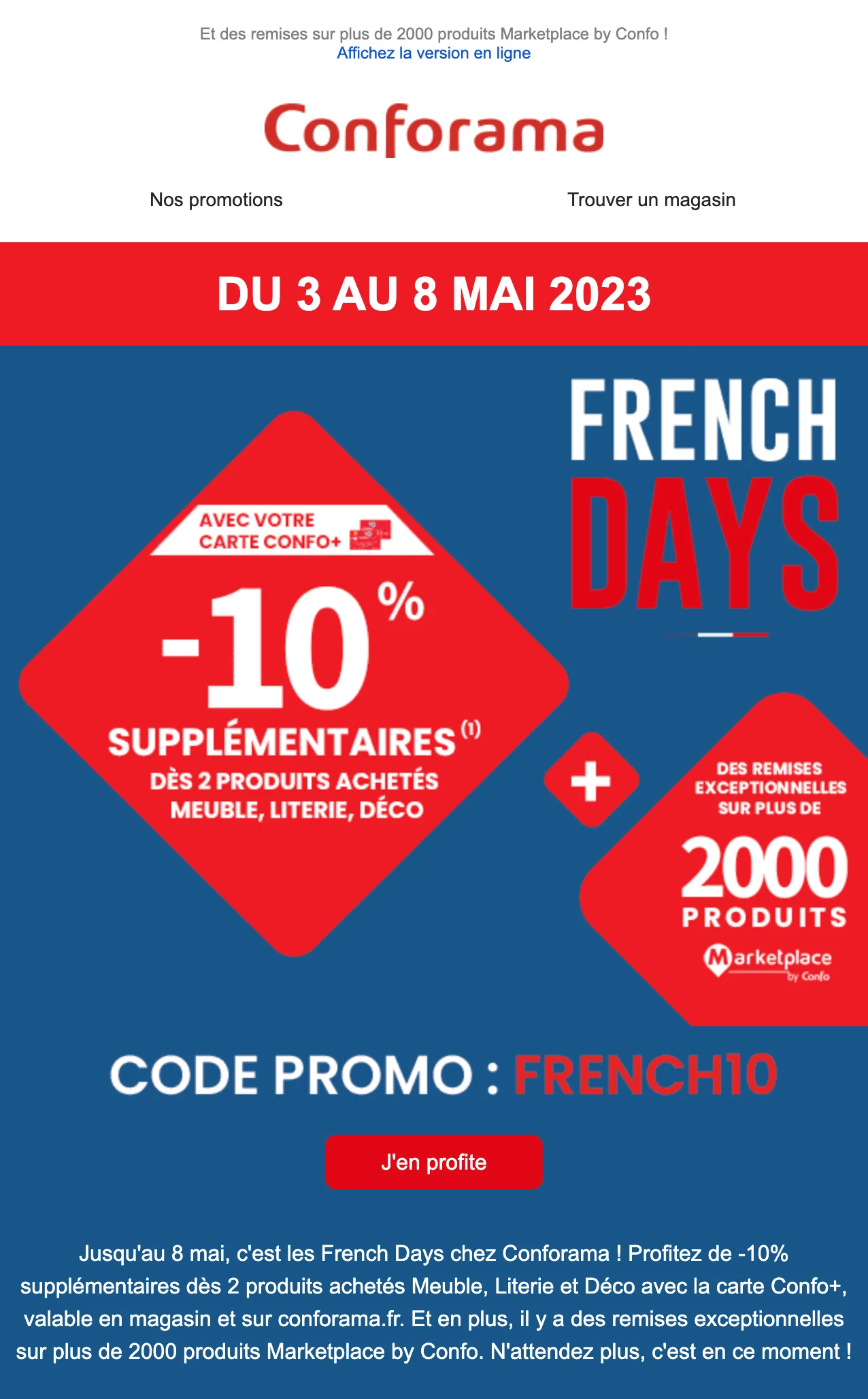 Capture d’écran d’un email envoyé par Conforama pour les French Days 2023