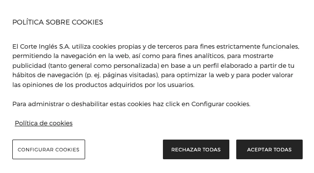 Aviso sobre cookies de El Corte Inglés.