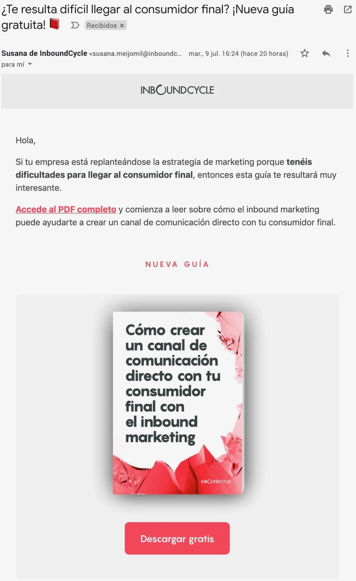 Email de Inboundcycle donde presentan una guía para sus clientes.