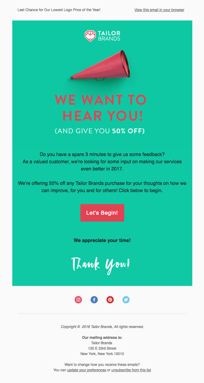 Correo electrónico de Taylor Brands donde incluyen un cuestionario para sus clientes.
