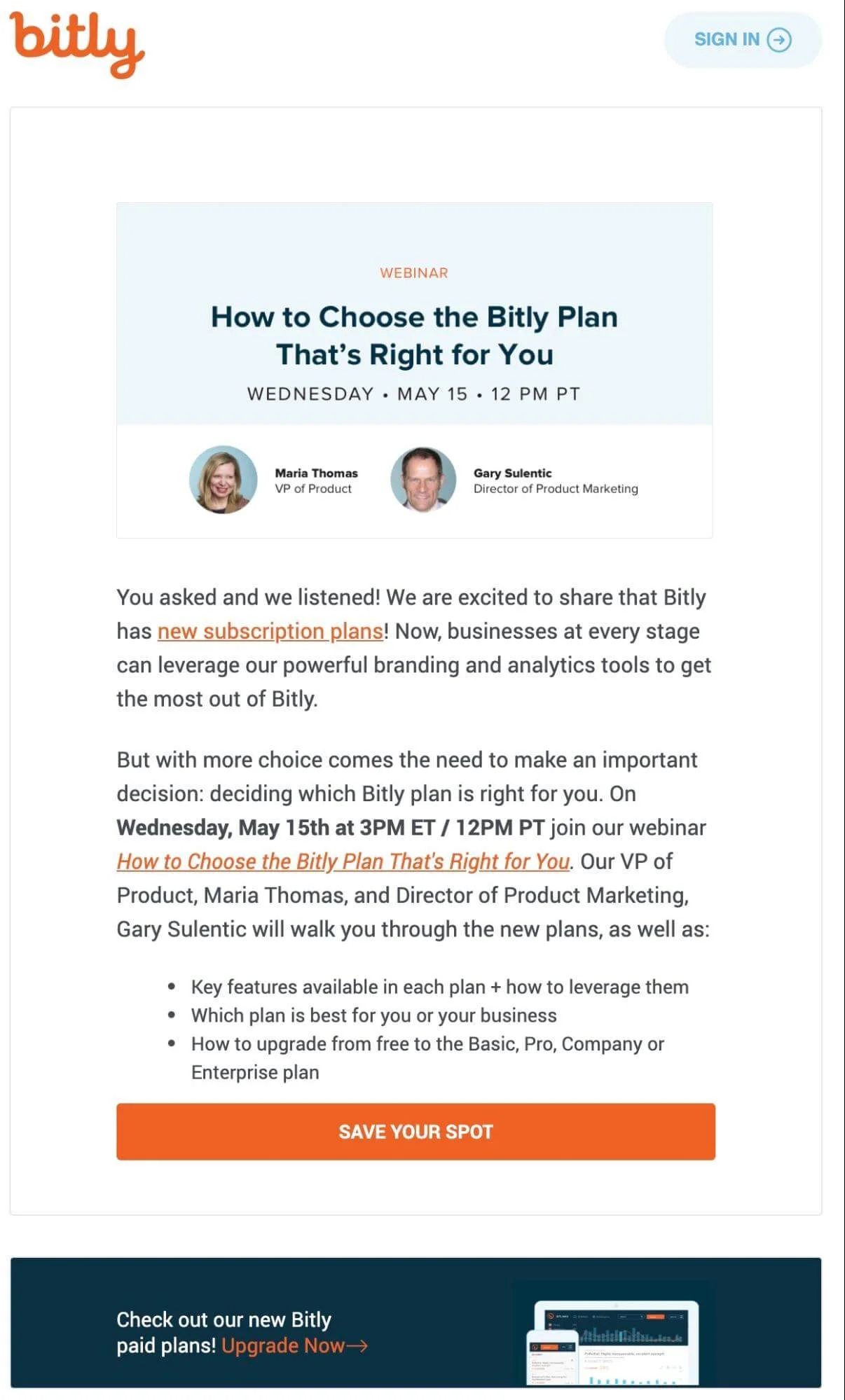 Email con una invitación a un webinario de Bitly.