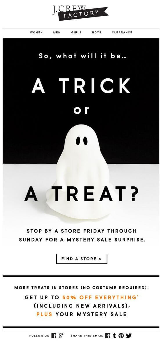 Capture d’un email spécial Halloween envoyé par J. Crew