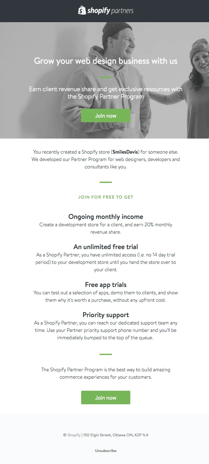 Email anunciando novedades en su programa de colaboradores por parte de Shopify.