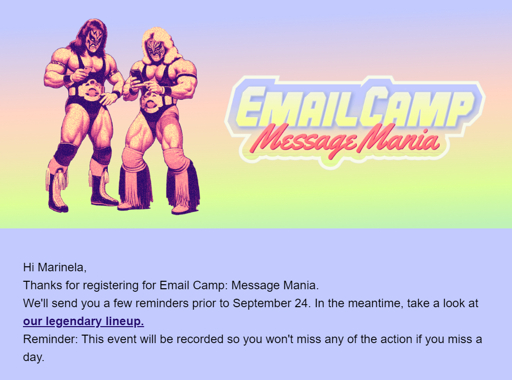 An example of a confirmation email from Sinch Mailjet’s 2024 Email Camp event
