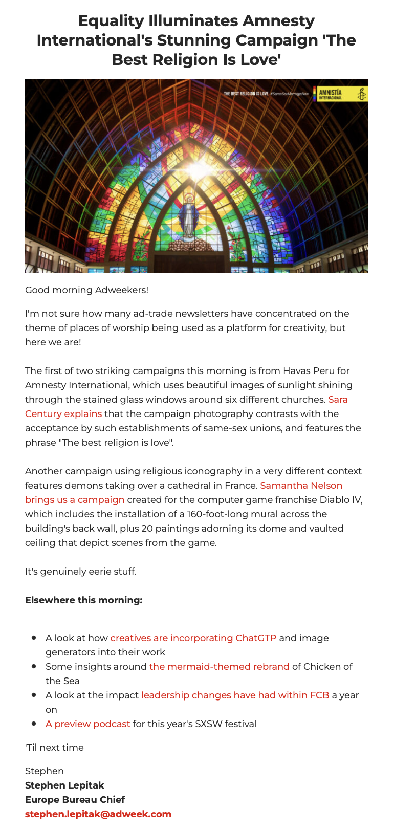 A screenshot of the Adweek newsletter.