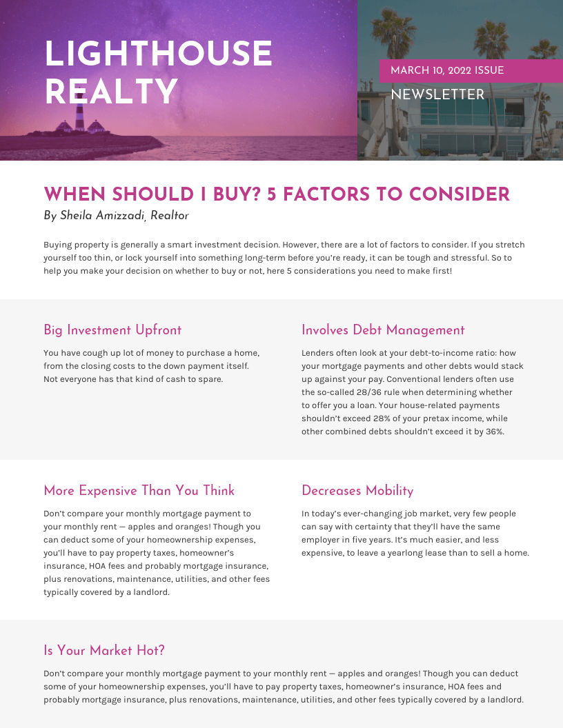 Newsletter with purple headers and image