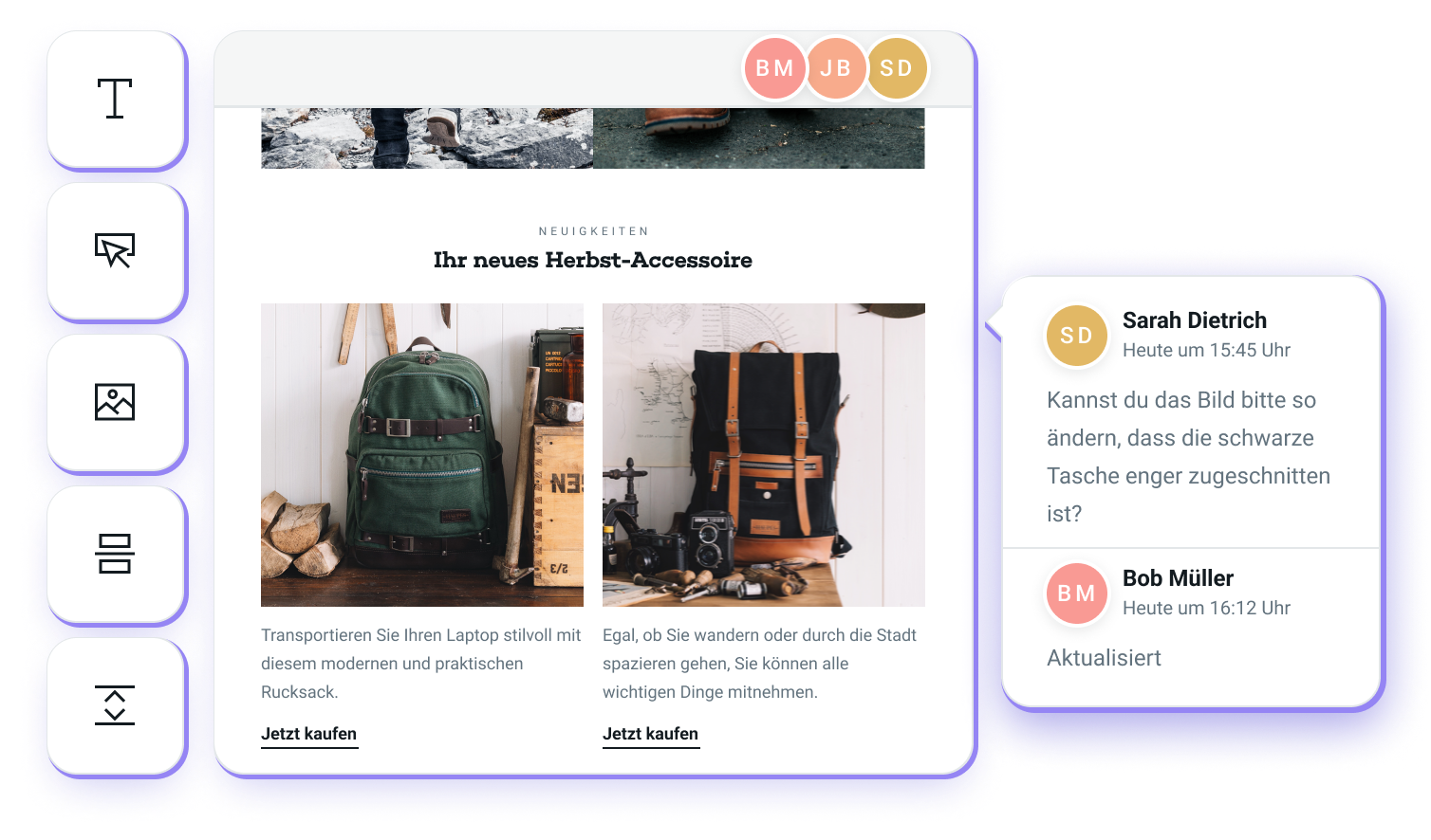 Abbildung, die zeigt, wie man bei Mailjet im Editor gemeinsam an einer Vorlage arbeiten kann