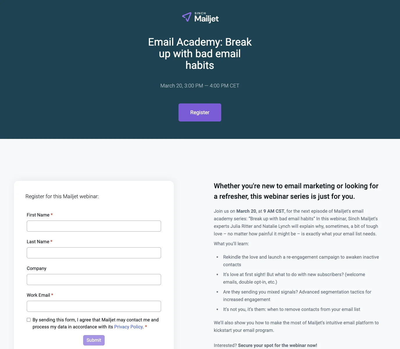 Un ejemplo de página de destino sincronizada de la serie de webinarios Email Academy de Sinch Mailjet
