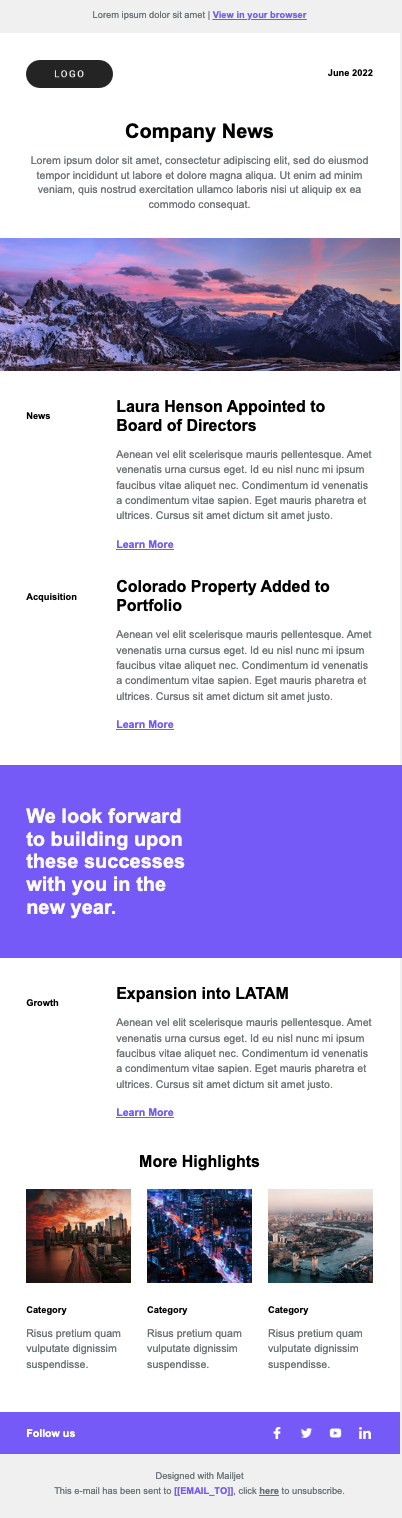 Purple themed company update campaign.