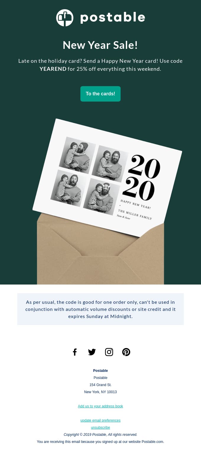 Brand colored campaign featuring large postcard and envelope.